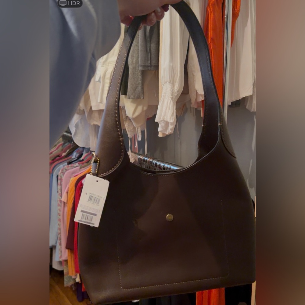 Coach Dark Brown Leather Shoulder Bag with Brass Accent